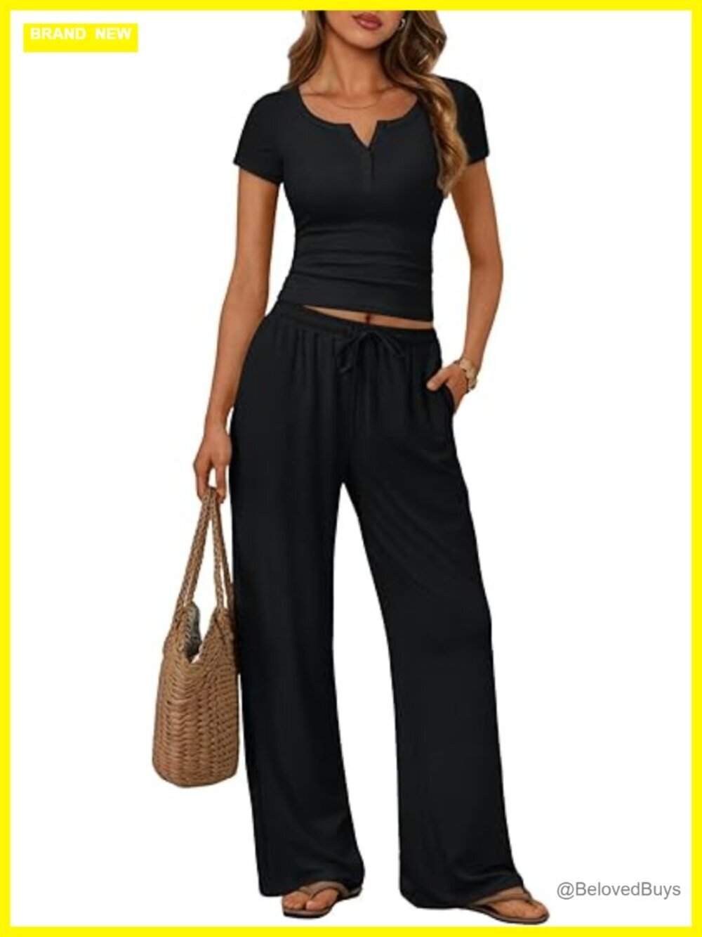 2 Piece Lounge Set: Henley Crop Top & Wide Leg Pants